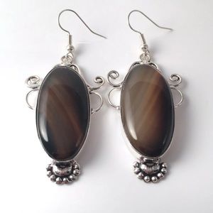 New Brown Banded Botswana Agate Silver Overlay Hook Stone Earrings